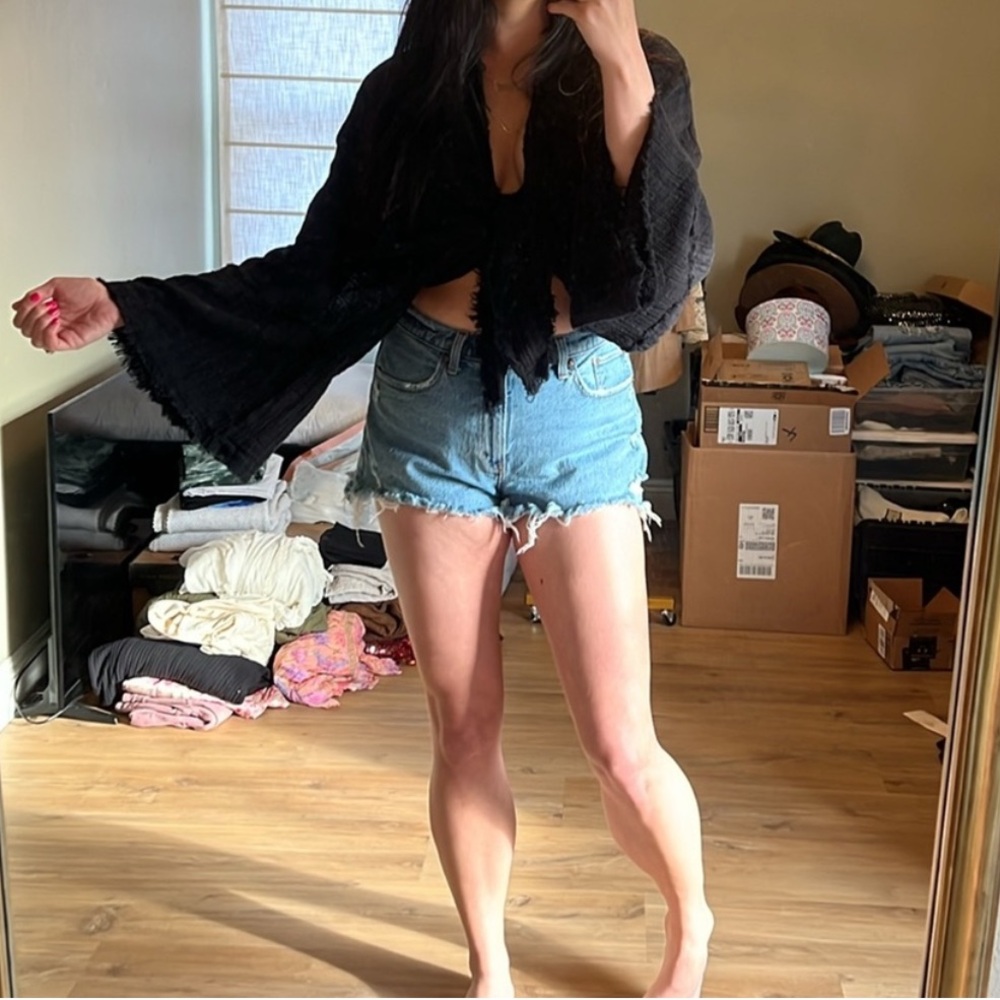 Free People Black gauze bell sleeve kimono OS